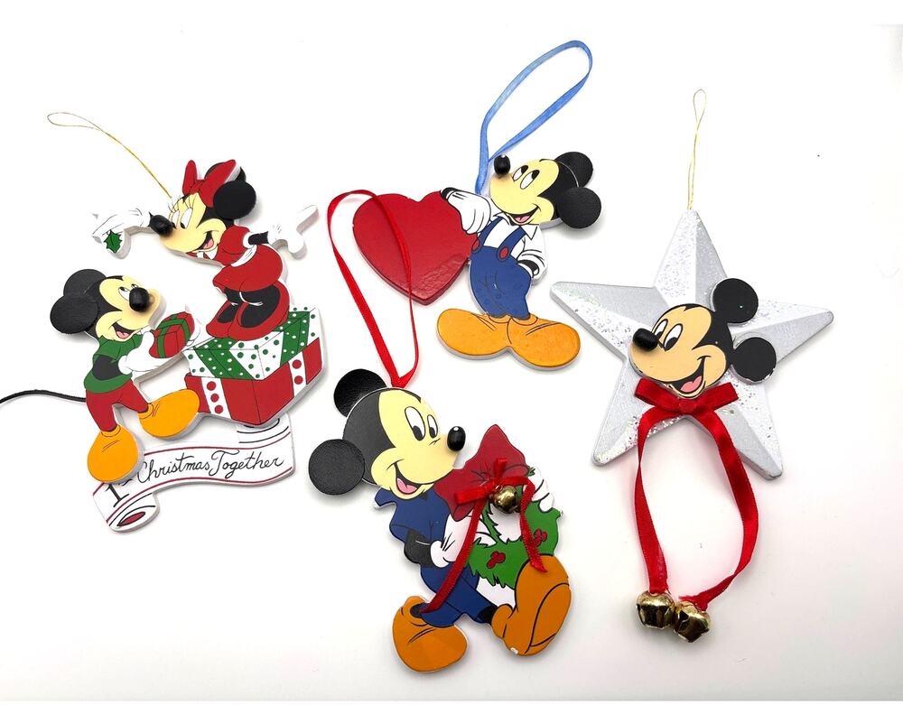 Kurt Adler Disney Mickey & Minnie Mouse Wood Cut Out Ornaments (4) Taiwan 1980s